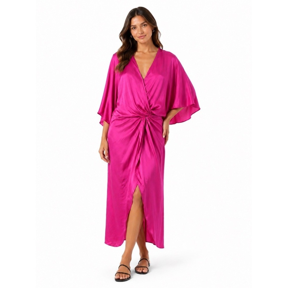 YFB Womens Pink Satin Twist Knot Midi Maxi Kaftan Dress M